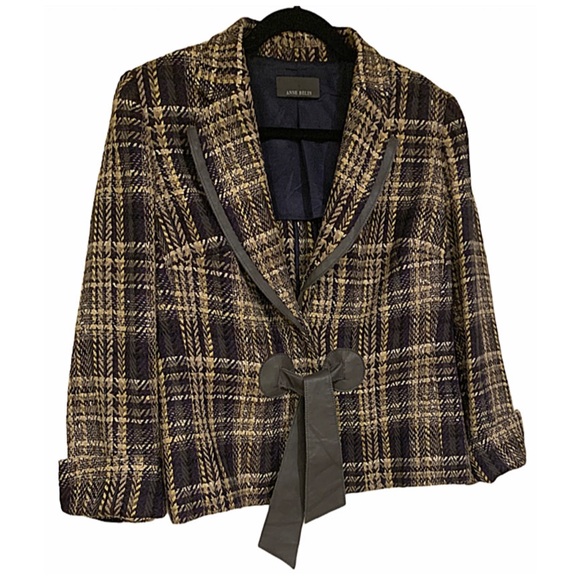 Anne Belin Blazer Vintage retro plaid tweed & leather blazer Bow Tie Size 12 - Picture 2 of 8